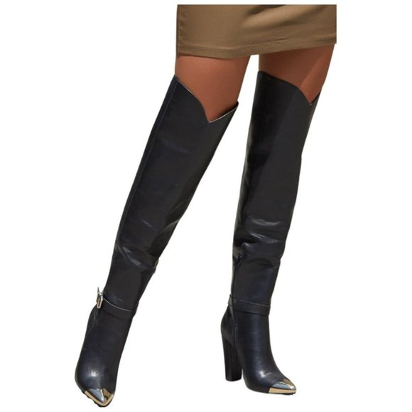 NWOB- Dorothy Over the Knee Black & Gold Toe Buckle Boot Size 5.5 - Picture 1 of 8